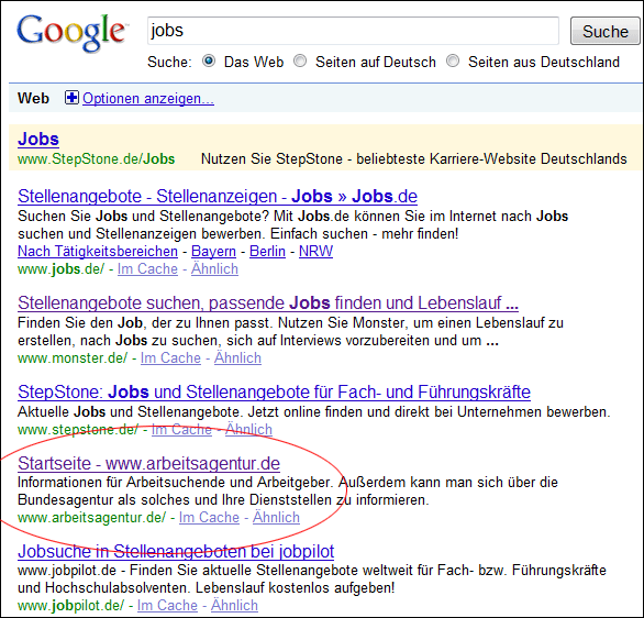 Google Suche nach Jobs