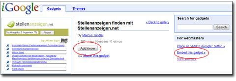 iGoogle Screenshot von Stellenanzeigen.net Gadget